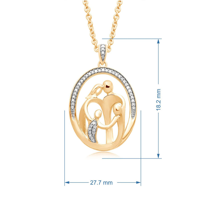 Jewelili 18K Yellow Gold Over Sterling Silver With 1/10 CTTW Diamonds Parent and Two Children Family Heart Pendant Necklace