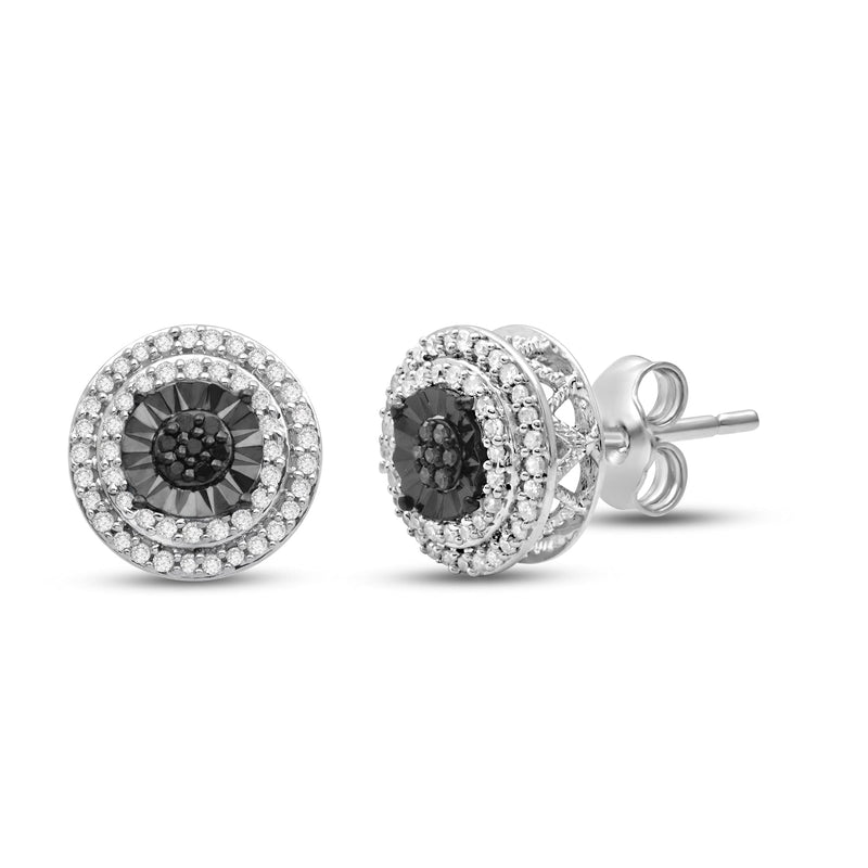 Jewelili Double Halo Stud Earrings with Round Treated Black Diamonds and White Diamonds in Sterling Silver 1/4 CTTW View 1