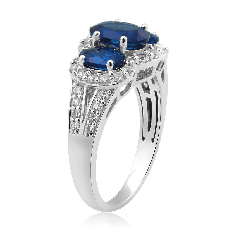 Jewelili Sterling Silver With Oval Created Ceylon Sapphire and Round White Sapphire Ring