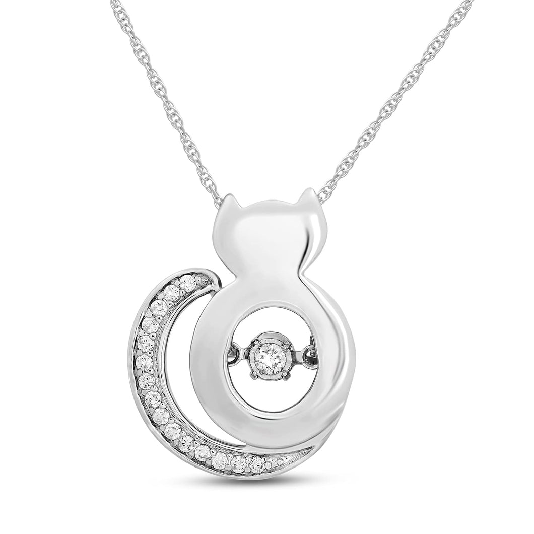 Jewelili Dancing Cat Pendant Necklace with Natural White Round Diamonds in Sterling Silver 1/10 CTTW View 1