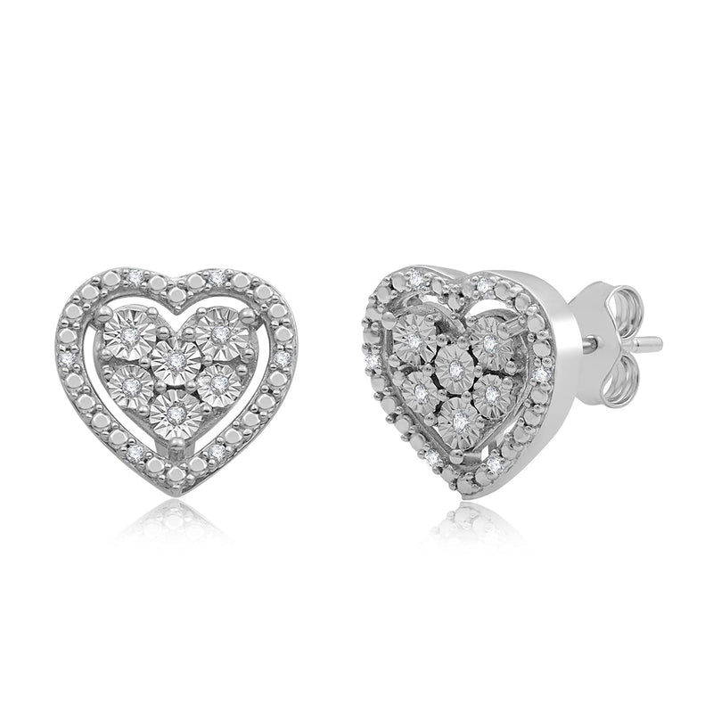 Jewelili Sterling Silver With 1/10 CTTW Natural White Diamond Heart Stud Earrings