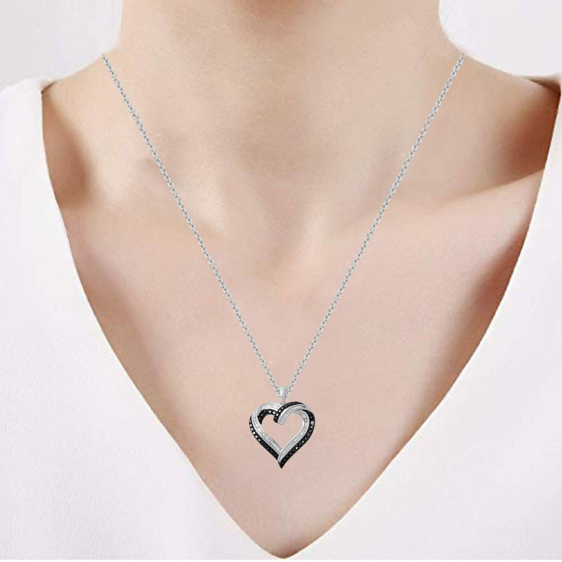 Jewelili Brass with 1/2 CTTW Natural White Baguette and Treated Black Round Diamonds Heart Pendant Necklace