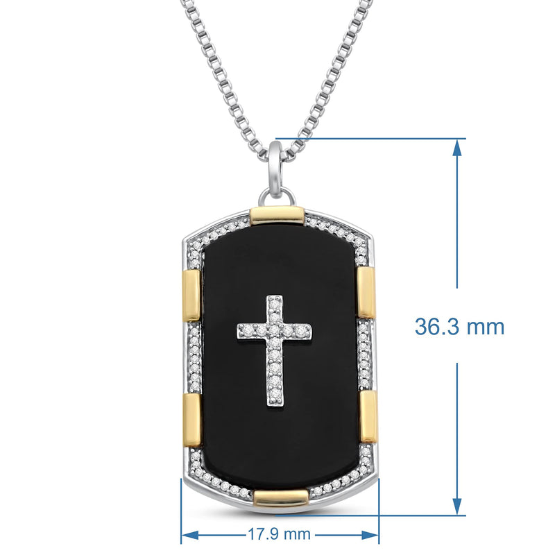 Jewelili Yellow Gold Over Sterling Silver With 27x15MM Special Cut Black Onyx and 1/5 CTTW Natural White Round Diamonds Men's Dog Tags Cross Pendant Necklace, 18" Box Chain
