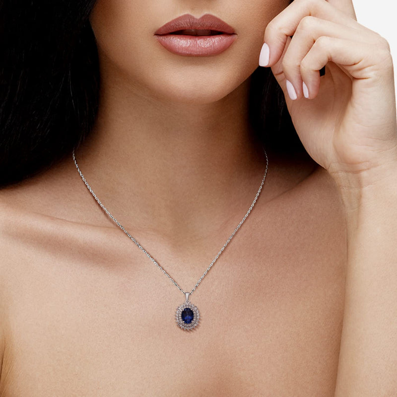 Jewelili Oval Shape Pendant Necklace with Created Ceylon Sapphire and Created White Sapphire in Sterling Silver View 4