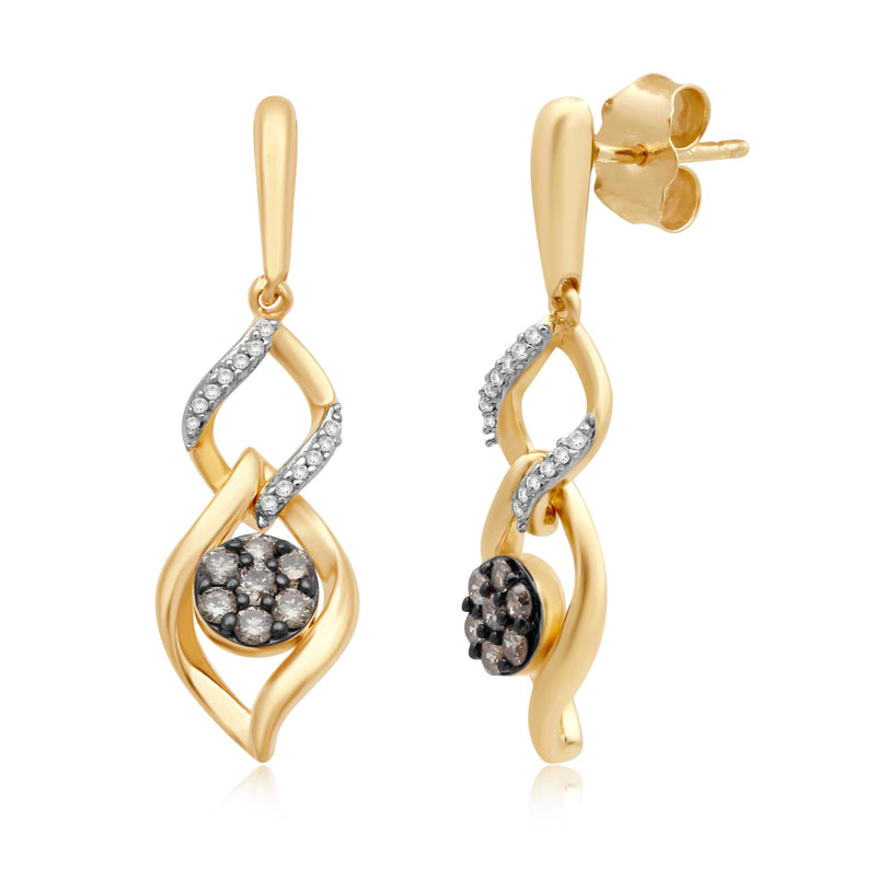 Jewelili Dangle Earrings with Champagne Diamonds and White Diamonds in 14K Yellow Gold over Sterling Silver 1/4 CTTW View 1