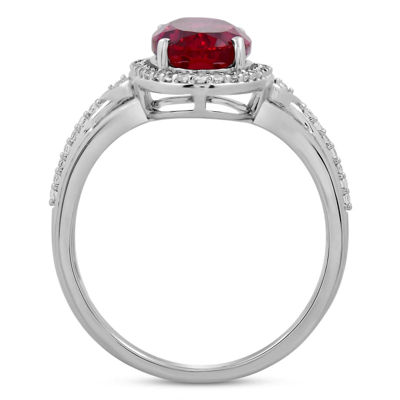 Jewelili Sterling Silver With Created Ruby and Created White Sapphire Halo Engagement Ring