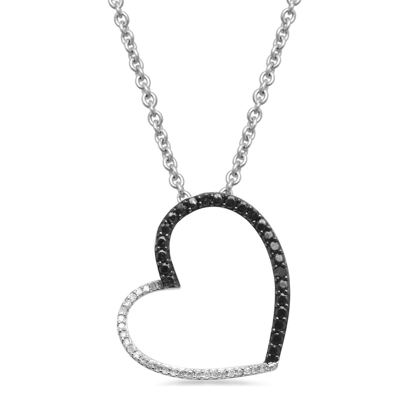 Jewelili Sterling Silver With 1/10 CTTW Treated Black Diamonds and White Natural Diamonds Heart Pendant Necklace