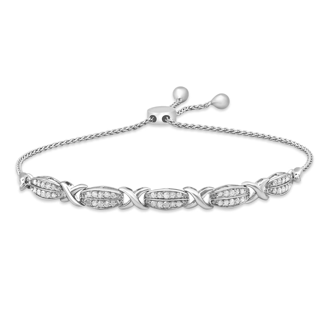 Jewelili Bracelet with White Diamonds Bracelet Adjustable Length in Sterling Silver 1/2 CTTW