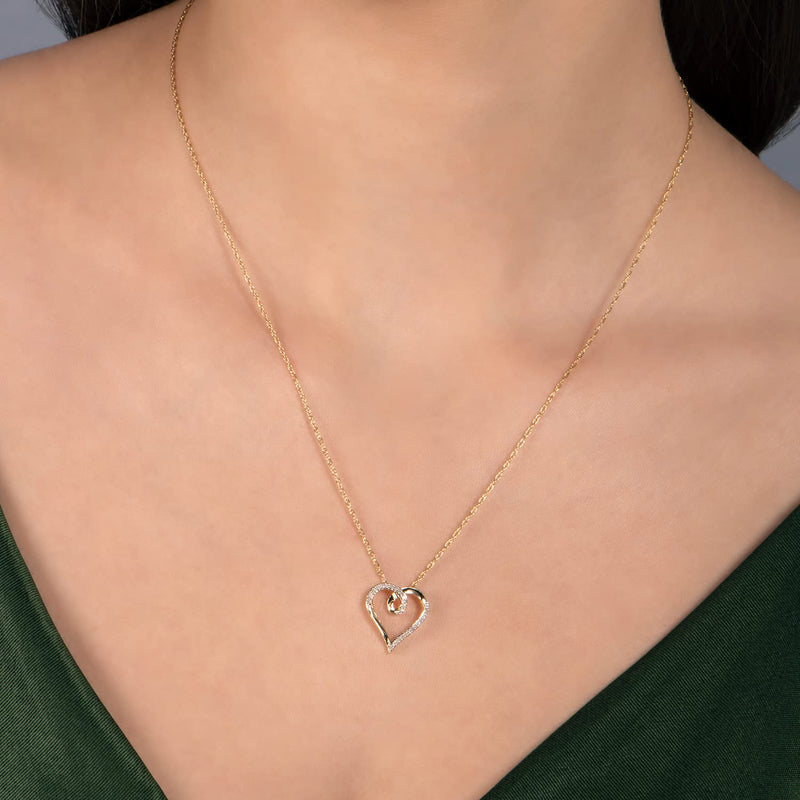 Jewelili 10K Yellow Gold With 1/10 CTTW Natural White Round Diamonds Heart Pendant Necklace