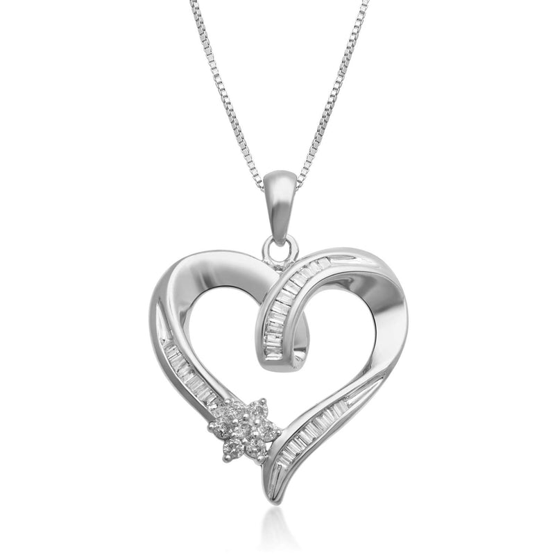 Jewelili Sterling Silver With 1/4 CTTW Natural White Diamonds Heart Pendant Necklace