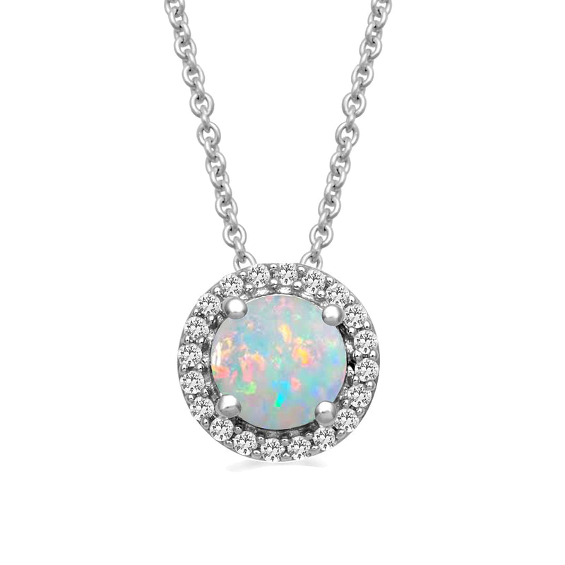 Jewelili Sterling Silver with Created Opal and Created White Sapphire Halo Pendant Necklace