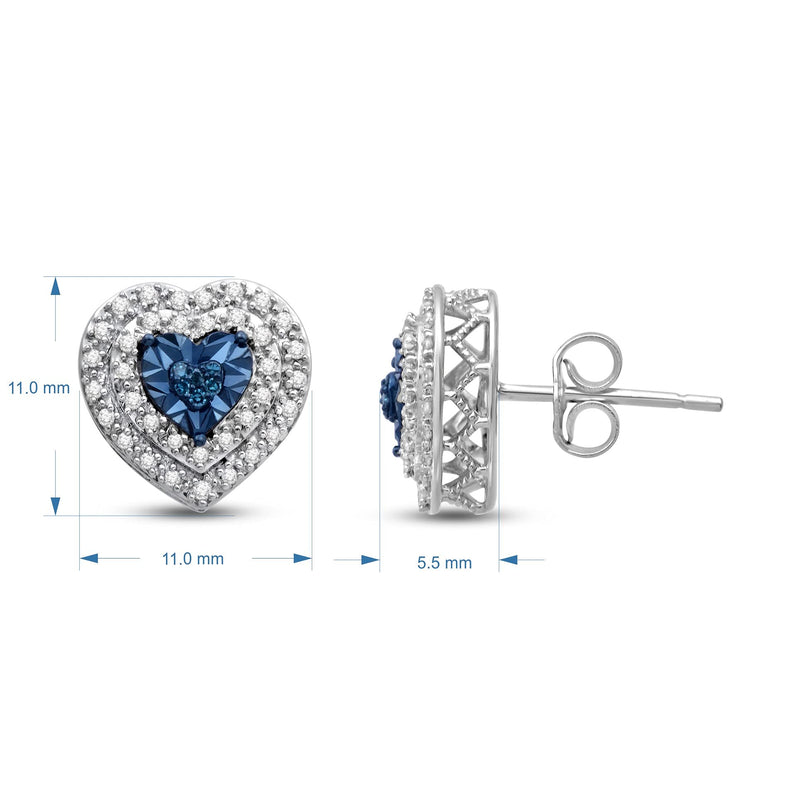 Jewelili Heart Double Halo Stud Earrings with Treated Blue Diamonds and White Diamonds in Sterling Silver 1/4 CTTW View 5