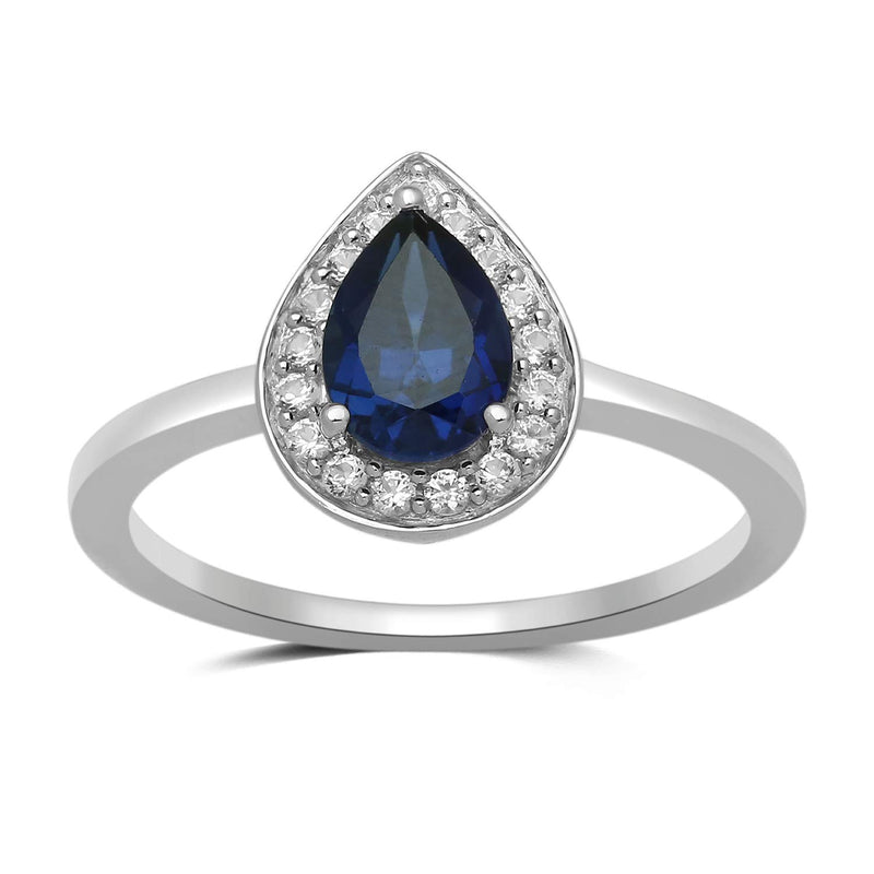 Jewelili Sterling Silver With Pear Shape Created Blue Sapphire and Round Created White Sapphire Ring