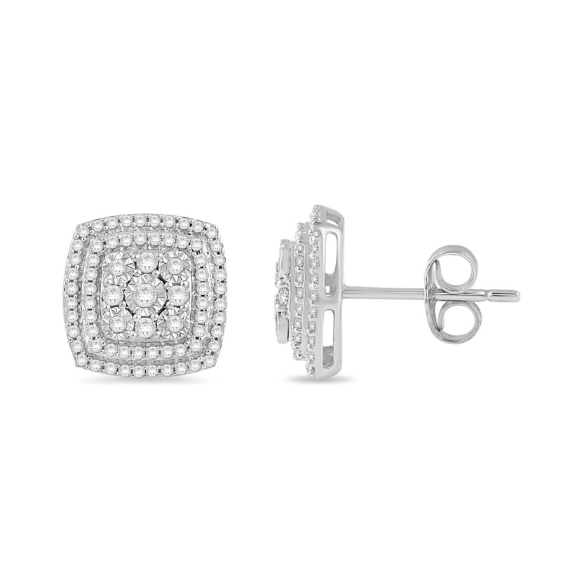 Jewelili Square Shape Stud Earrings with Natural White Diamond in Sterling Silver 1/2 CTTW View 4