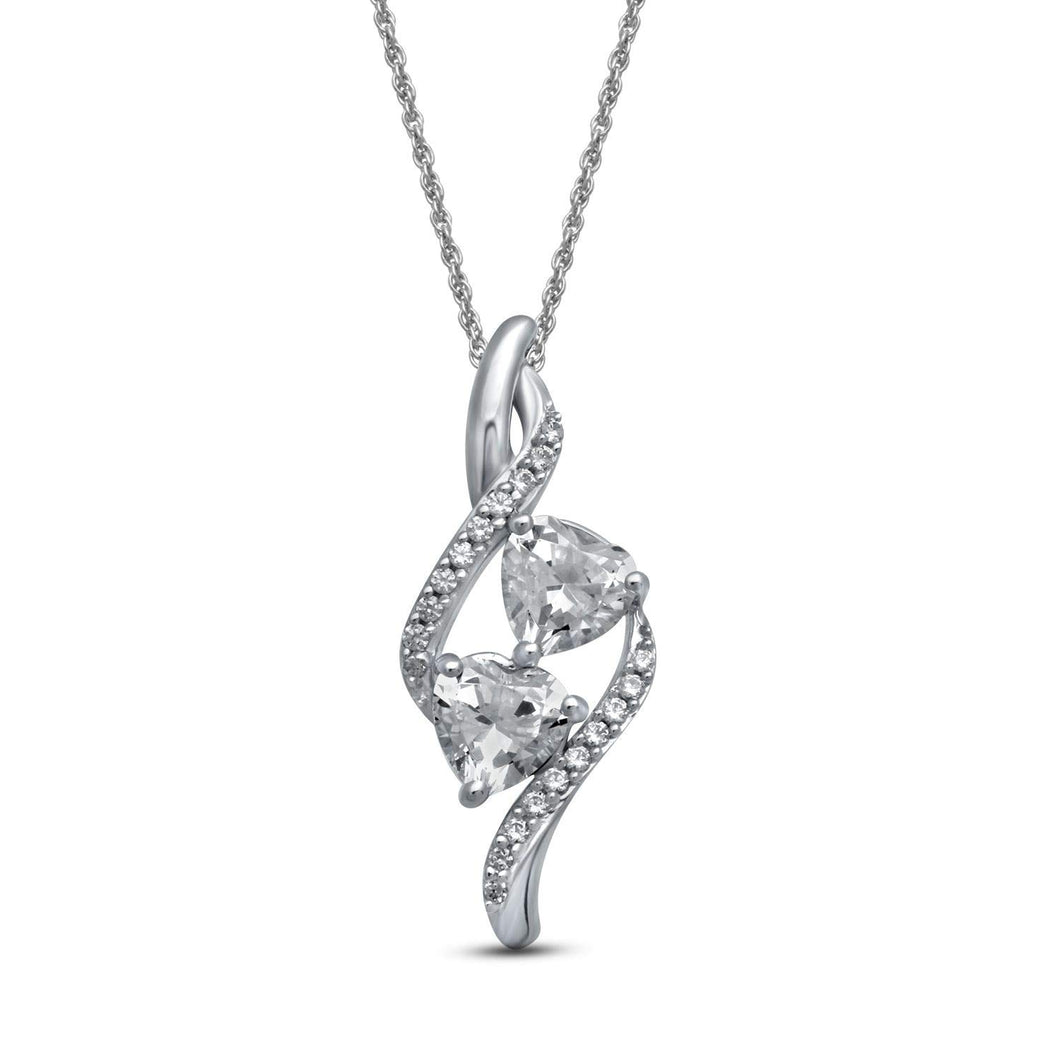 Jewelili 10K White Gold with Cubic Zirconia Forever Us Two Stone Pendant Necklace