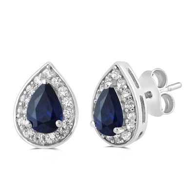 Jewelili Teardrop Drop Earrings with Created Blue Sapphire and Created White Sapphire in Sterling Silver View 1