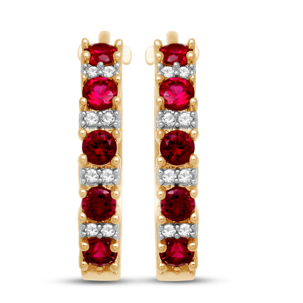 Jewelili Hoop Earrings with Created Ruby and Created White Sapphire in 18K Yellow Gold Over Sterling Silver