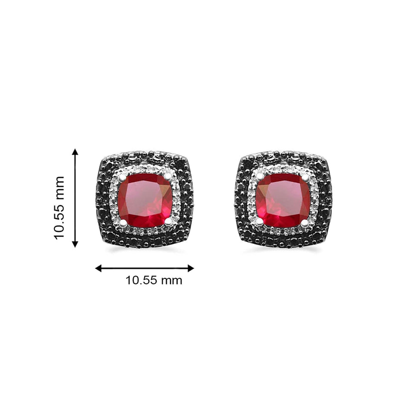 Jewelili Stud Earrings with Created Ruby, Treated Black Diamonds and White Diamonds in Sterling Silver View 5