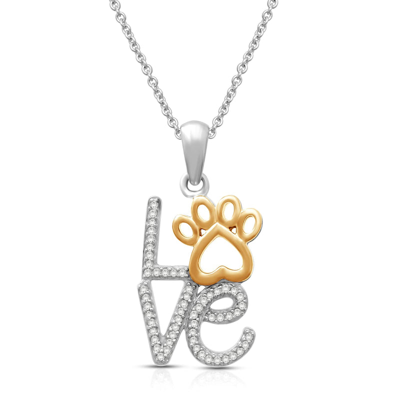 Jewelili Sterling Silver and 10K Yellow Gold With 1/10 CTTW Natural White Diamonds Love Paw Pendant Necklace