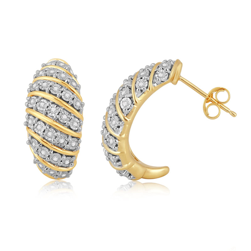 Jewelili Hoop Earrings with Round Natural White Diamonds in 14K Yellow Gold over Sterling Silver 1/4 CTTW View 3