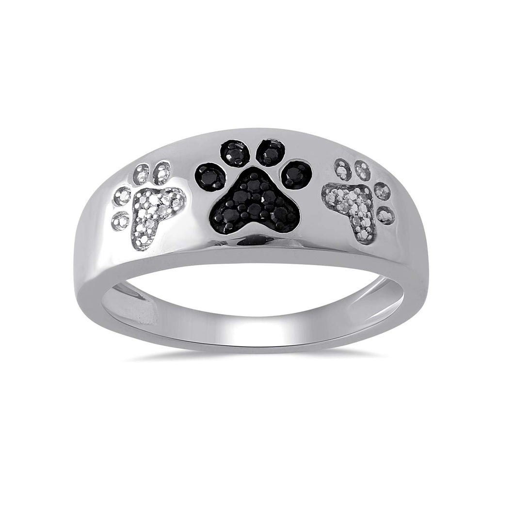 Jewelili Sterling Silver With Treated Black Diamond and White Diamonds Paw Ring
