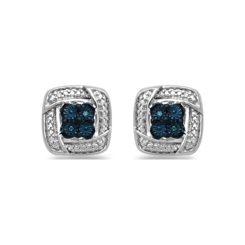 Jewelili Stud Earrings with Treated Blue Diamonds and White Natural Diamonds in Sterling Silver View 2