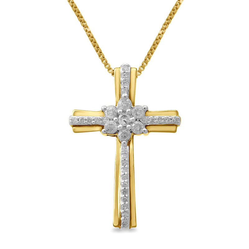 Jewelili Yellow Gold Over Sterling Silver With 1/4 CTTW Natural White Diamonds Cross Pendant Necklace
