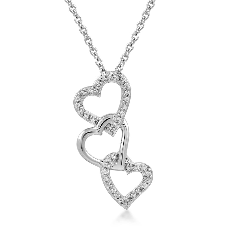 Jewelili Triple Heart Pendant Necklace with Natural White Round Shape Diamonds in Sterling Silver 1/10 CTTW 