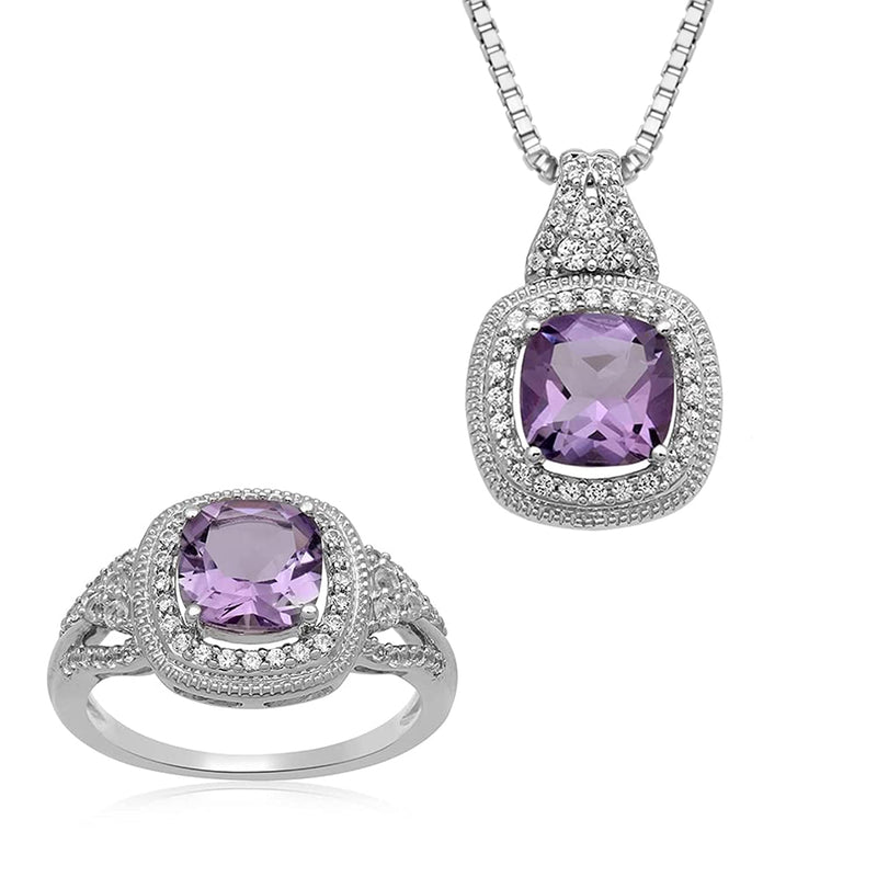 Jewelili Pendant Necklace and Ring Box Set in Cushion Cut Amethyst and Round Created White Sapphire in Sterling Silver Jewelry