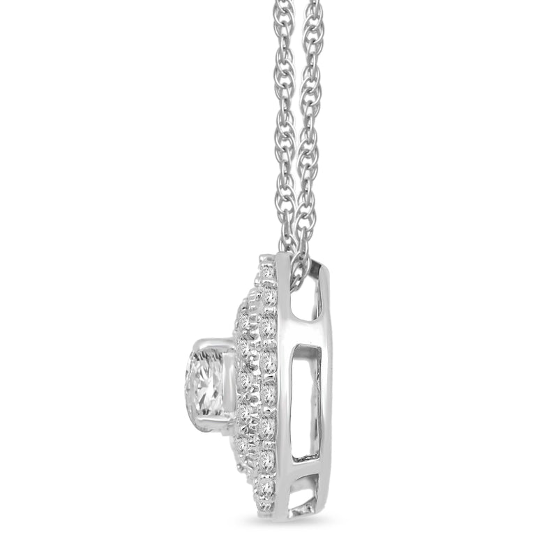 Jewelili Halo Pendant Necklace with Created White Sapphire in Sterling Silver View 2