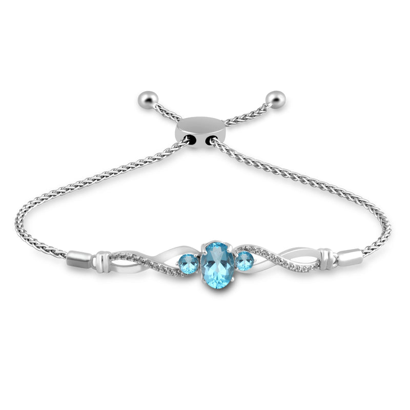 Jewelili Bolo Bracelet with Swiss Blue Topaz and Created White Sapphire in Sterling Silver