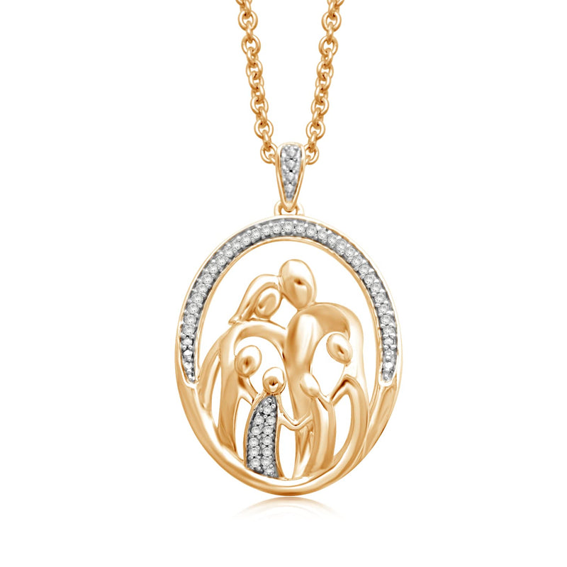 Jewelili Parent and Four Children Family Pendant Necklace with Natural White Diamonds in 18K Yellow Gold over Sterling Silver 1/10 CTTW View 1