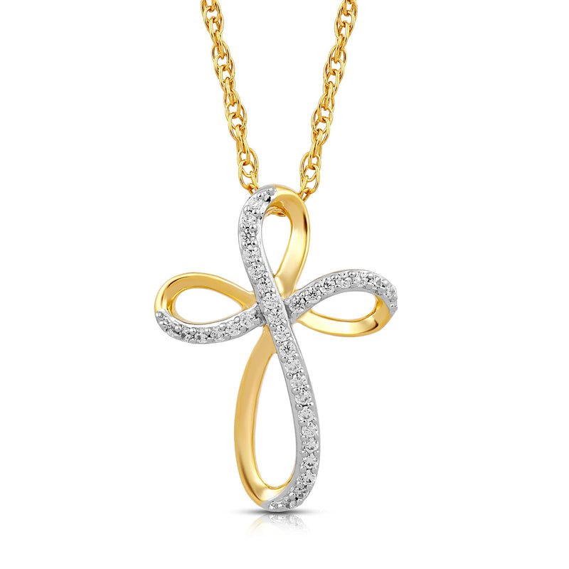 Jewelili 10K Yellow Gold With 1/10 CTTW Natural White Round Diamonds Cross Pendant Necklace