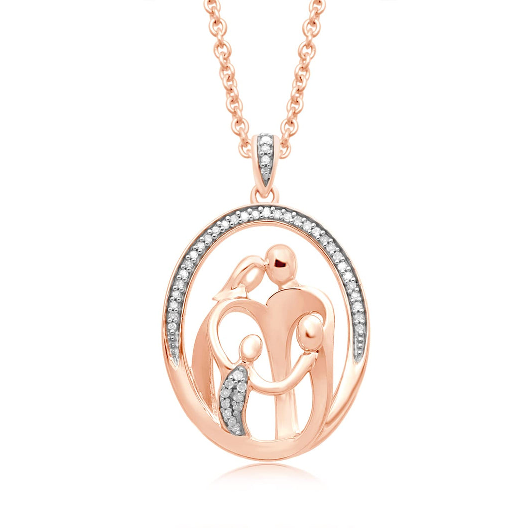 Jewelili 14K Rose Gold Over Sterling Silver With 1/10 CTTW Diamonds Parent and Two Children Family Heart Pendant Necklace