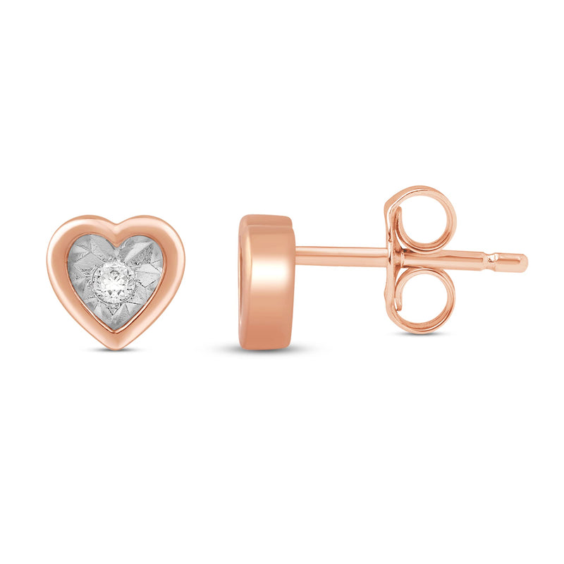 Jewelili Heart Stud Earrings with Natural White Round Shape Diamonds in 14K Rose Gold Over Sterling Silver view 3