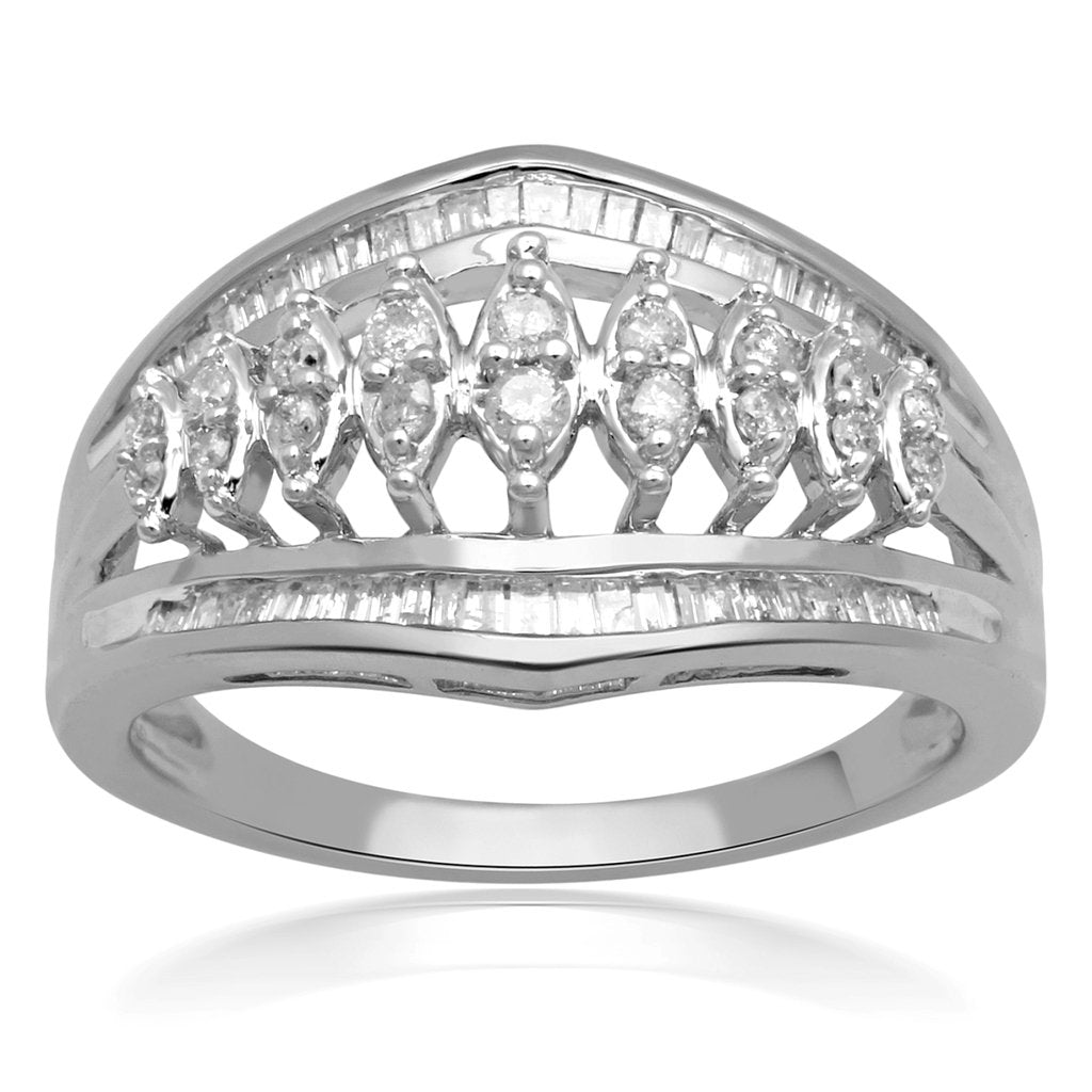 Jewelili Engagement Ring with Round and Baguette Shape White Diamonds in 10K White Gold 1/2 CTTW