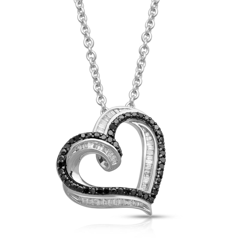 Jewelili Heart Pendant Necklace with Treated Black and Natural White Diamonds in Sterling Silver 1/2 CTTW View 1
