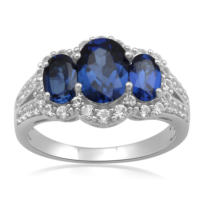 Jewelili Sterling Silver With Oval Created Ceylon Sapphire and Round White Sapphire Ring