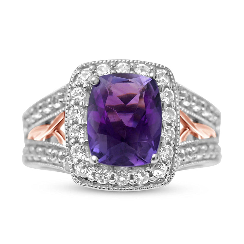Jewelili 14K Rose Gold Over Sterling Silver with Amethyst and Created White Sapphire Halo Ring