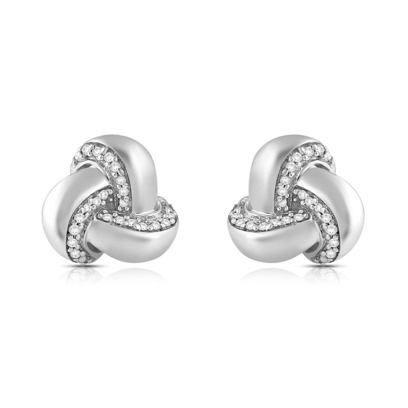Jewelili Knot Stud Earrings with Diamonds in Sterling Silver 1/10 CTTW View 3