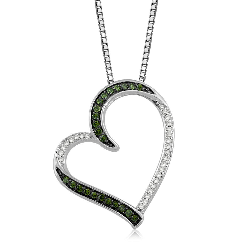 Jewelili Heart Pendant Necklace with Treated Green Diamonds and White Diamonds in Sterling Silver 1/6 CTTW View 1