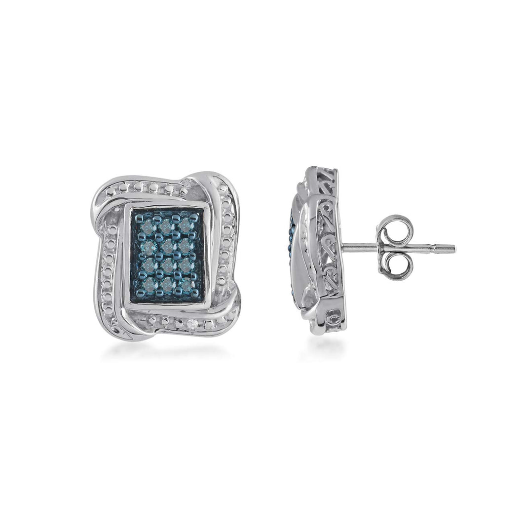 Jewelili Sterling Silver With 1/3 CTTW Treated Blue and White Natural Diamond Frame Stud Earrings
