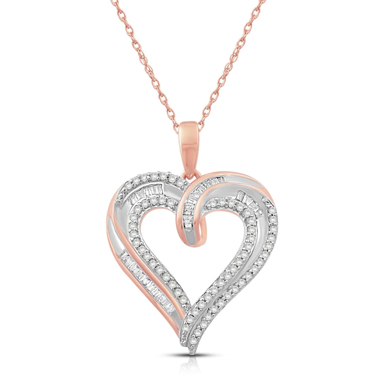 Jewelili 10K Rose Gold With 1/4 CTTW Natural White Diamonds Heart Pendant Necklace