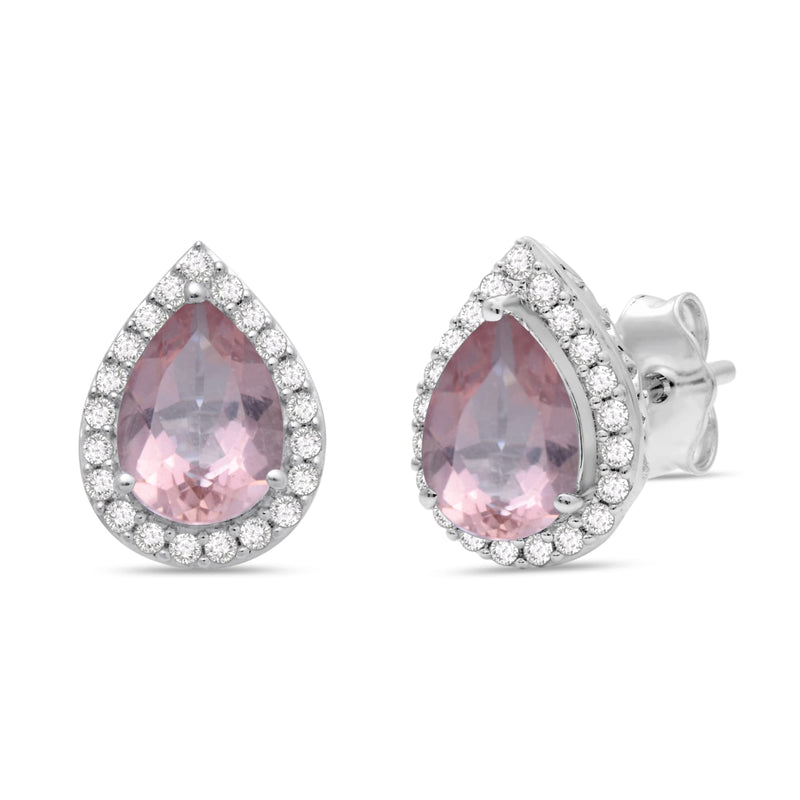 Jewelili Sterling Silver Pear Cut Morganite and Round Created White Sapphire Stud Earrings