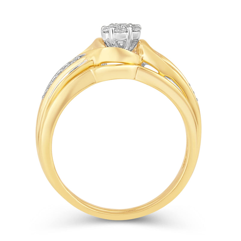 Jewelili 14K Yellow Gold over Sterling Silver with 1/2 CTTW Round and Baguette Diamonds Ring