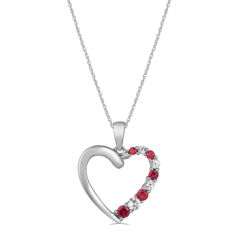 Jewelili Heart Pendant Necklace with Created Ruby and Created White Sapphire in 10K White Gold View 1