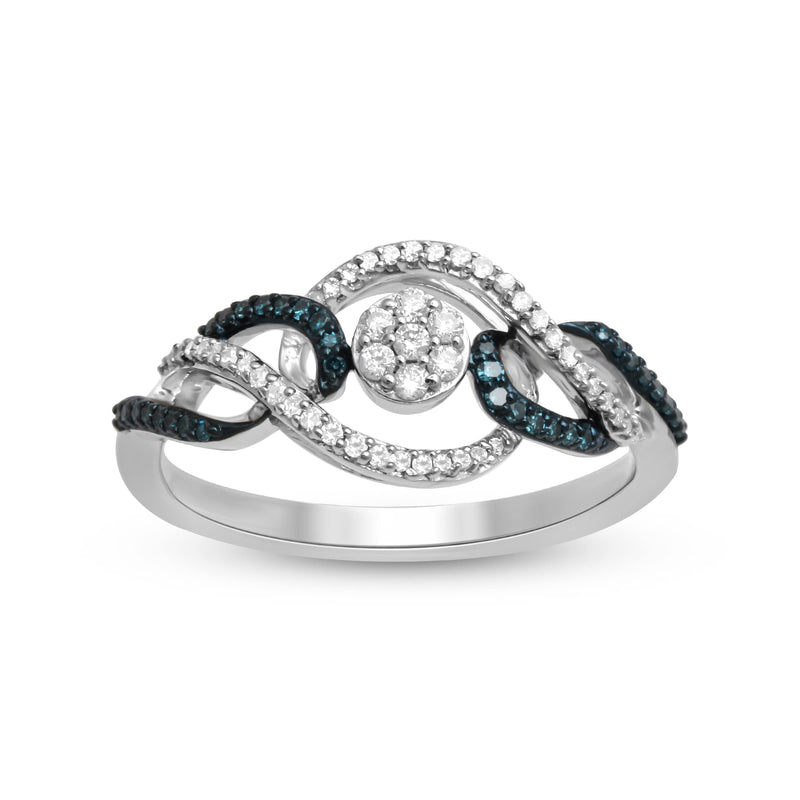 Jewelili Ring with Treated Blue Diamonds and Natural White Diamonds in Sterling Silver 1/4 CTTW View 1