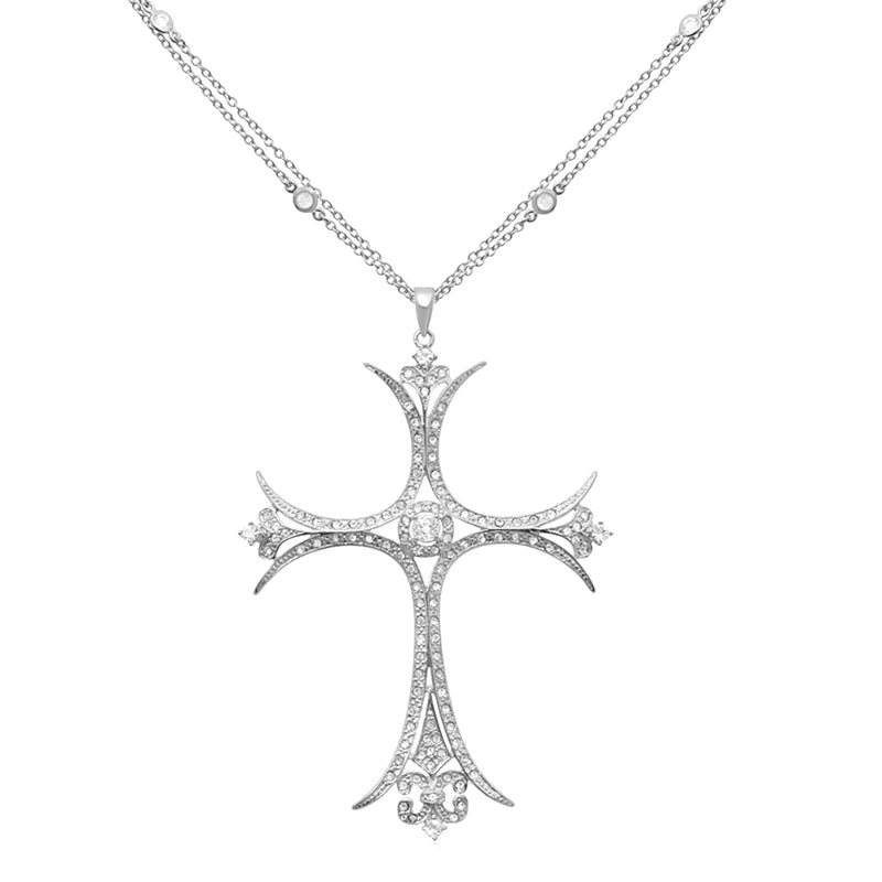 Jewelili Sterling Silver White Topaz and Clear Crystal Cross Pendant Necklace