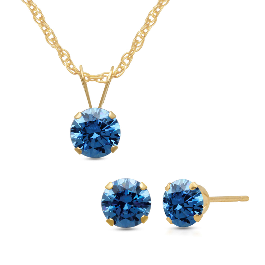 Jewelili Pendant and Earrings 2 Pieces Set with Blue Cubic Zirconia Solitaire in 10K Yellow Gold View 1