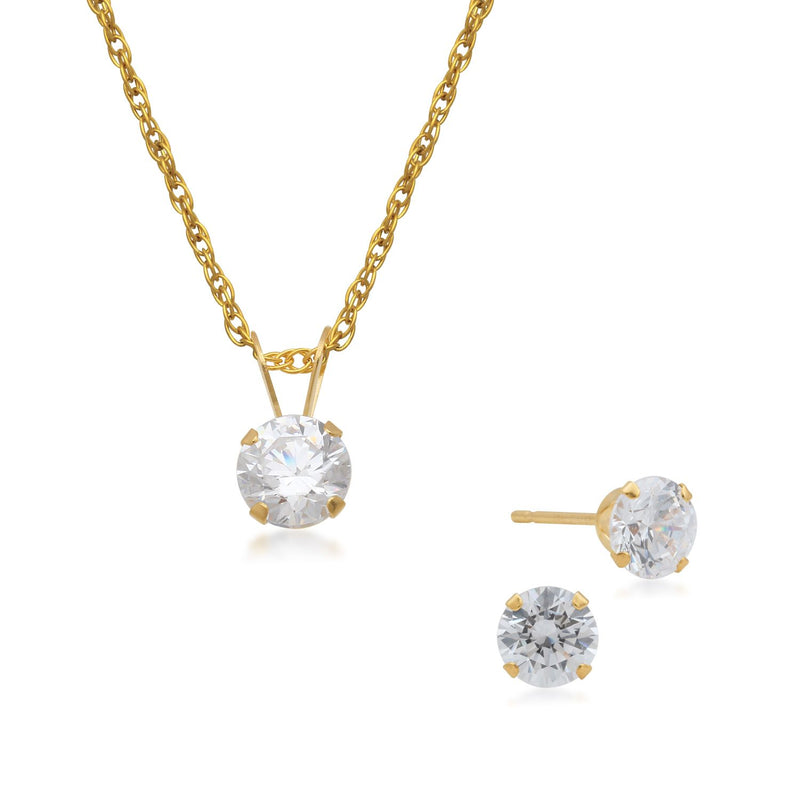 Jewelili 10K Yellow Gold With Cubic Zirconia Pendant Necklace and Earrings Set